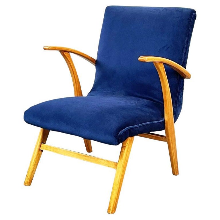 Danish MidCentury Modern Armchair in Blue Velvet and Solid Wood, 1960s