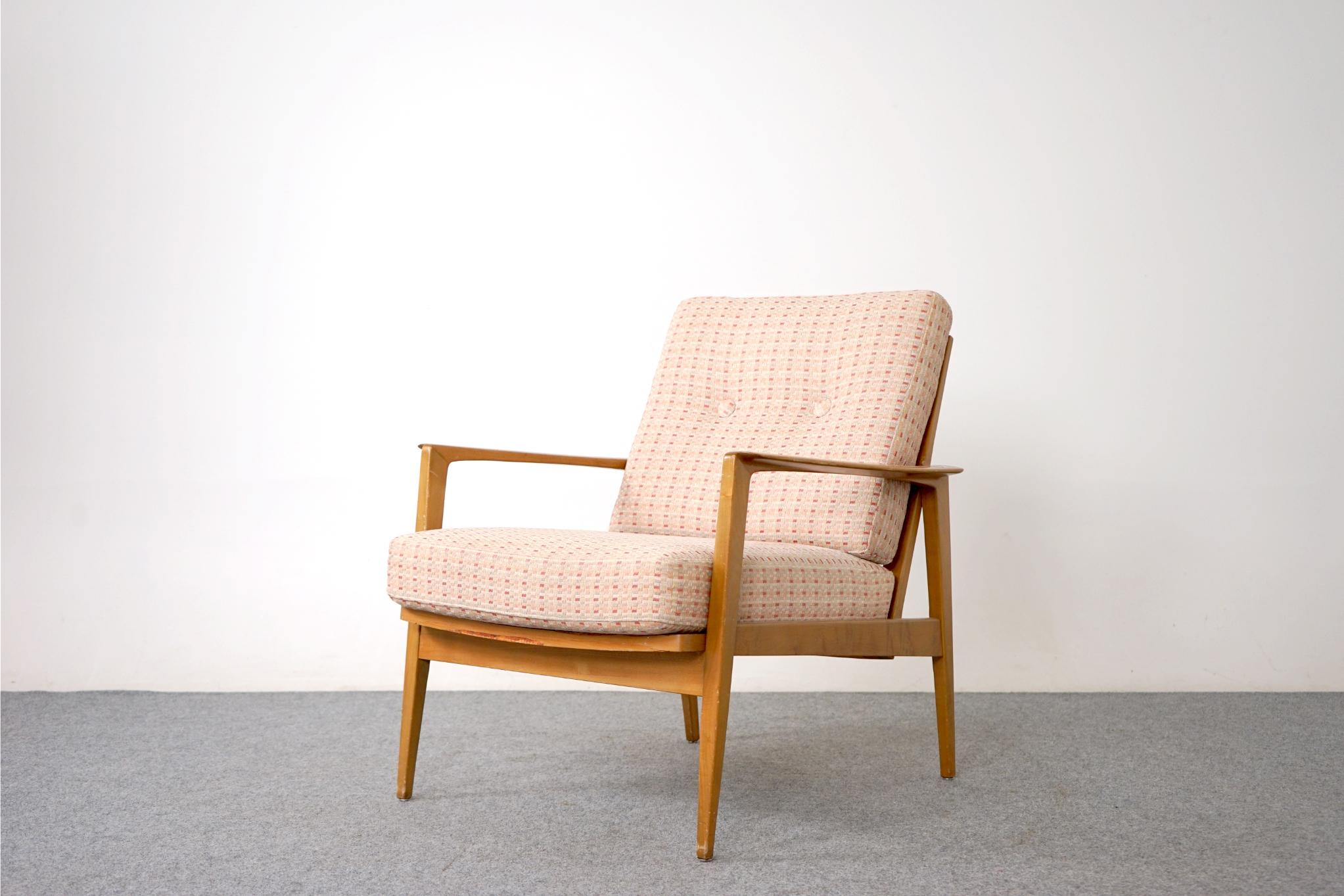 Ash wood Danish lounge chair, circa 1960's. Sculpted frame with beautiful sharp lines and smooth joinery. Clean modern solid wood frame with loose cushions design is easy to reupholster, customize with your other furniture. Settle in with a good