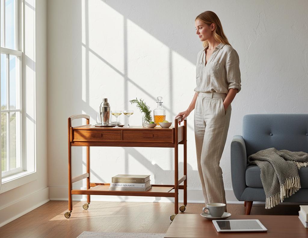 This Danish Mid-Century Modern bar cart, crafted by Arrebo Mobler in the 1960’s, embodies sleek Scandinavian design and refined functionality. Constructed from warm teak and rosewood, it features a streamlined two-tier design with dual drawers and a