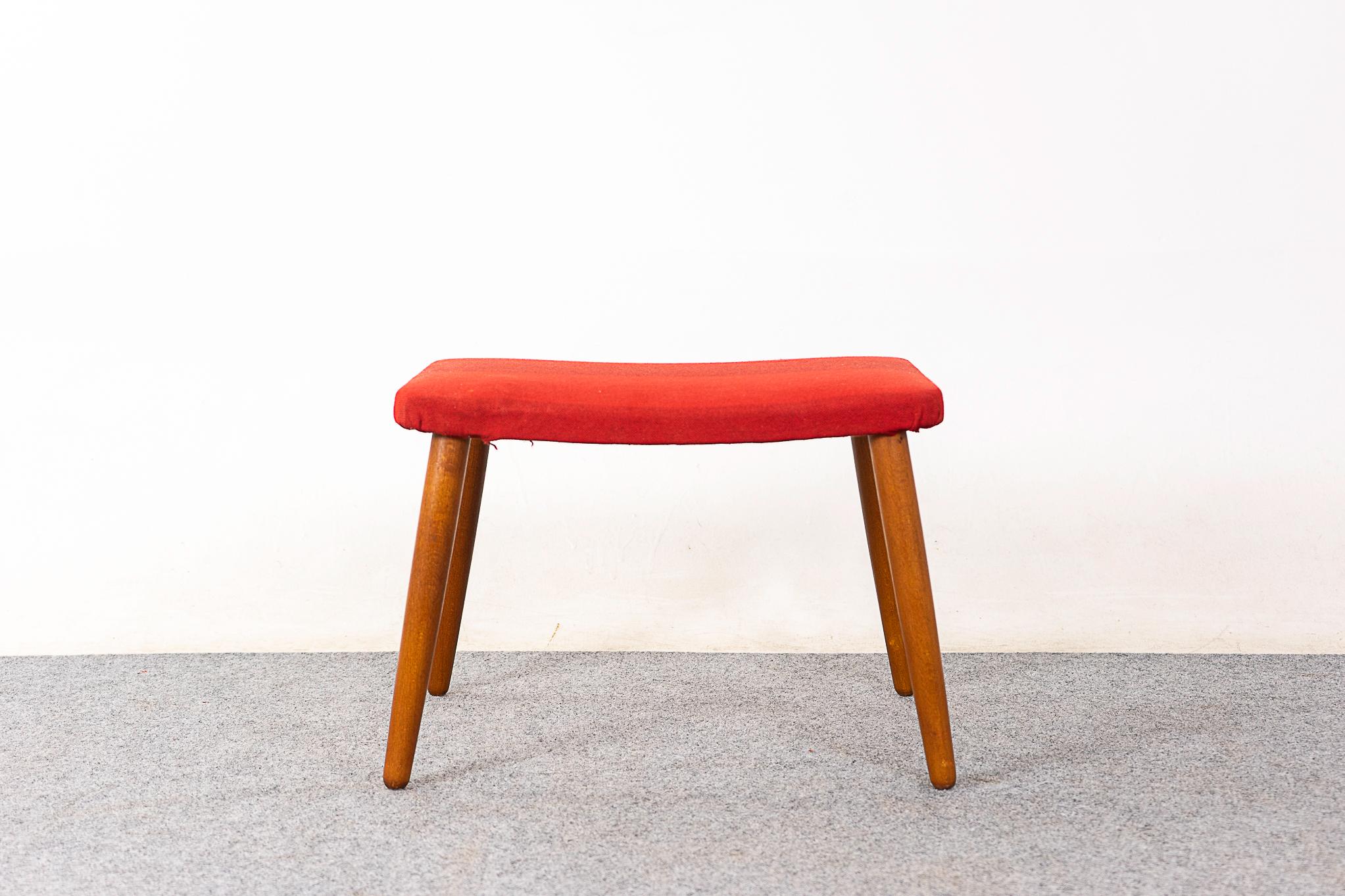 Beech Danish footstool, circa 1960's. Spayed removable legs and original upholstery with minor wear and tear. 
