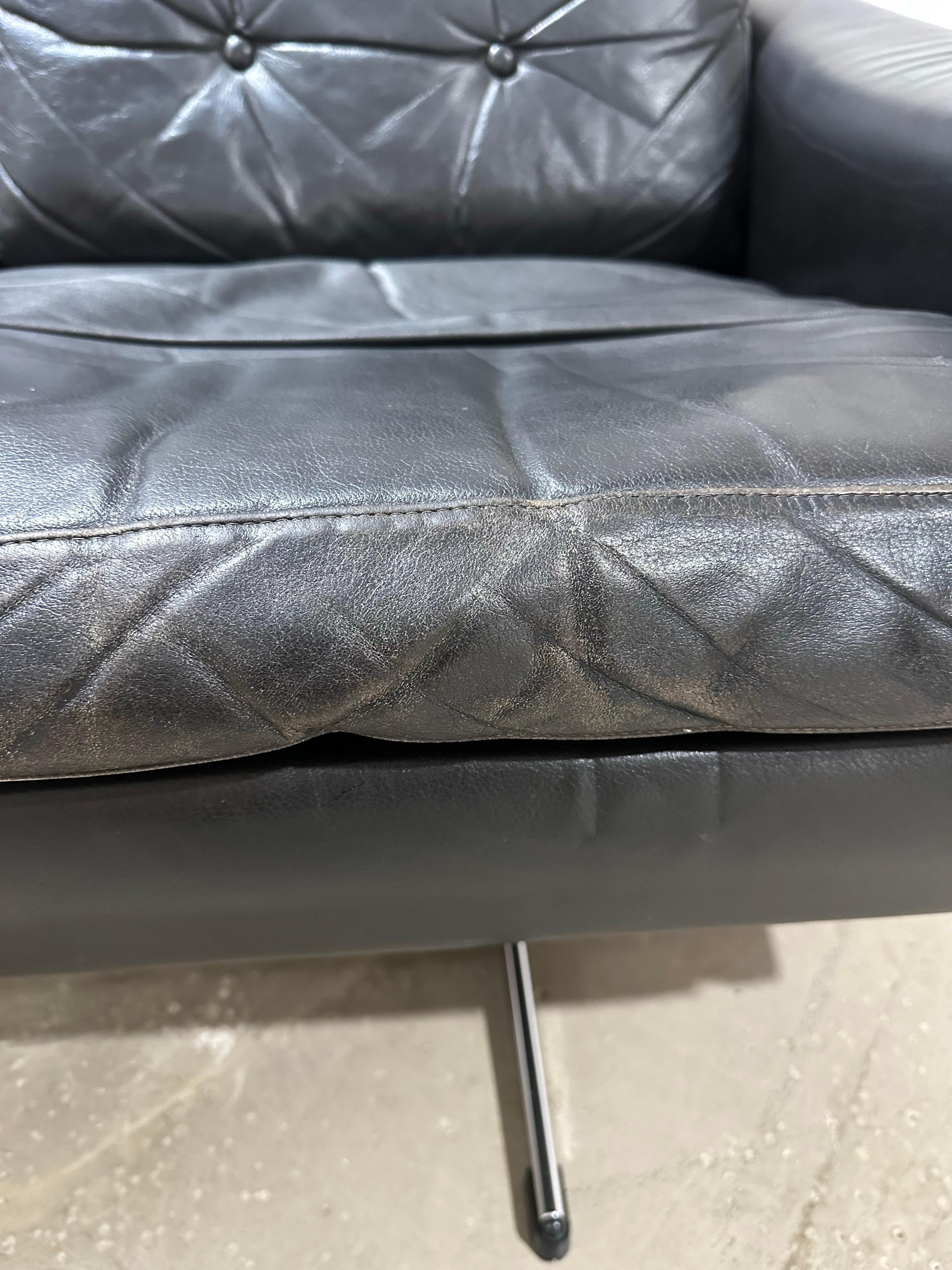 Danish Mid Century Modern Black Leather Four Seat Sofa For Sale 4