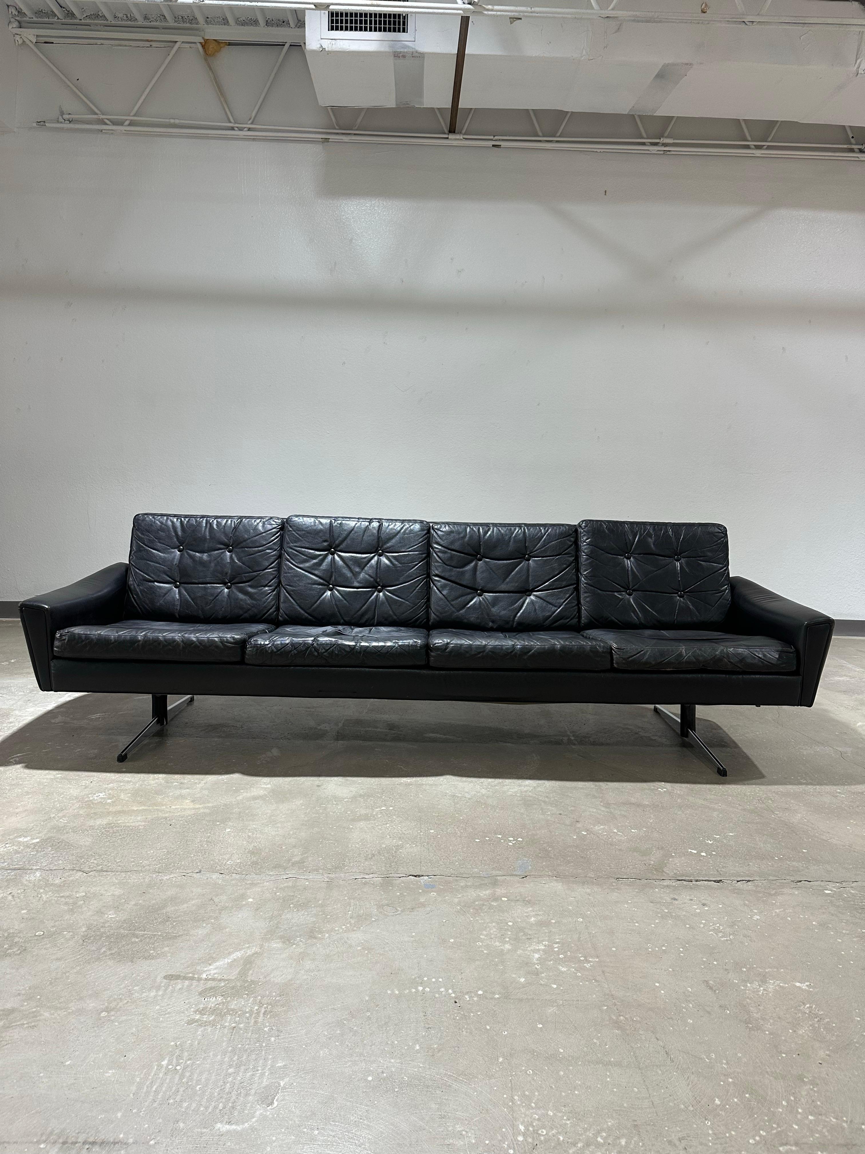 20th Century Danish Mid Century Modern Black Leather Four Seat Sofa For Sale