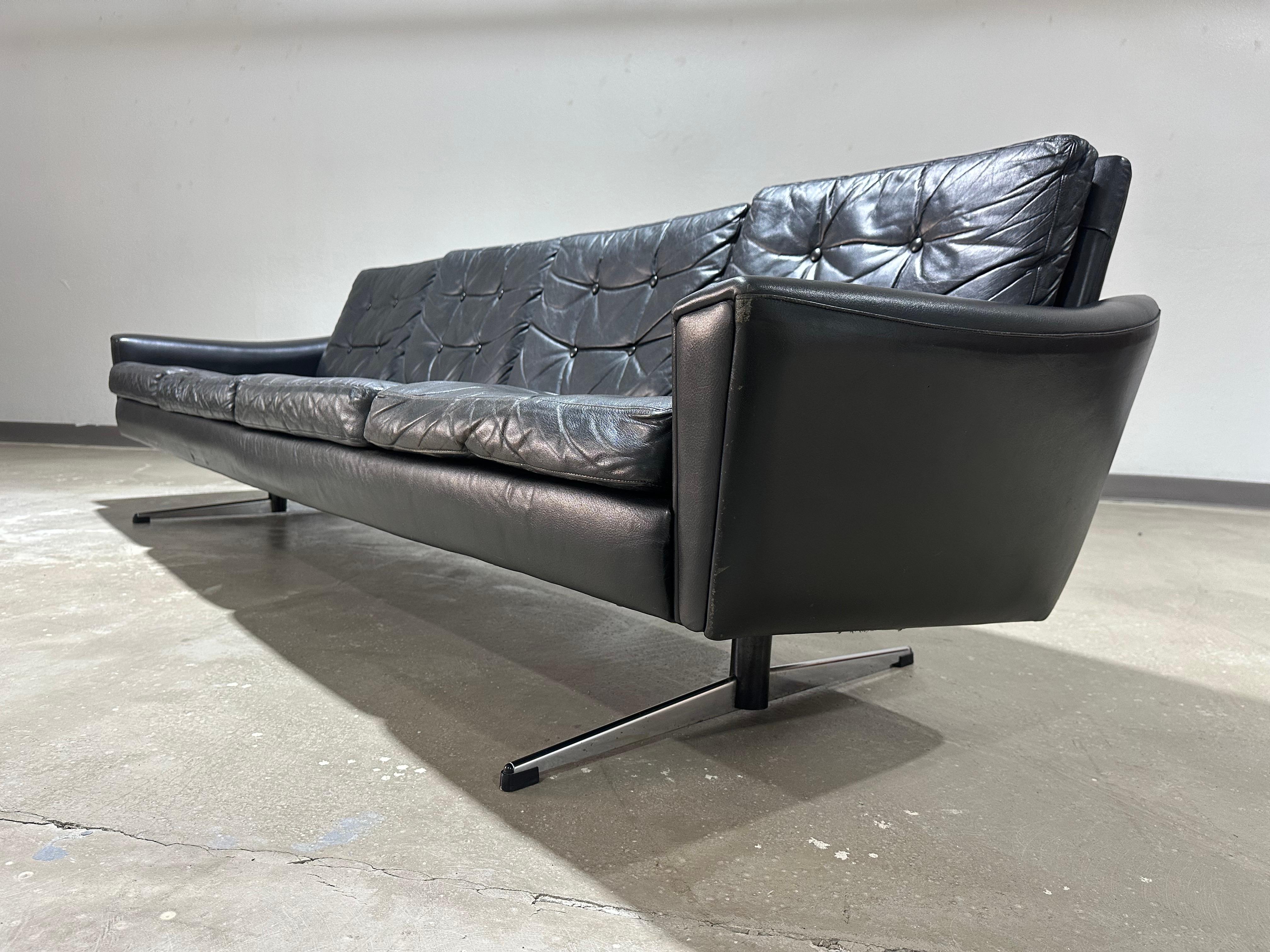 Metal Danish Mid Century Modern Black Leather Four Seat Sofa For Sale