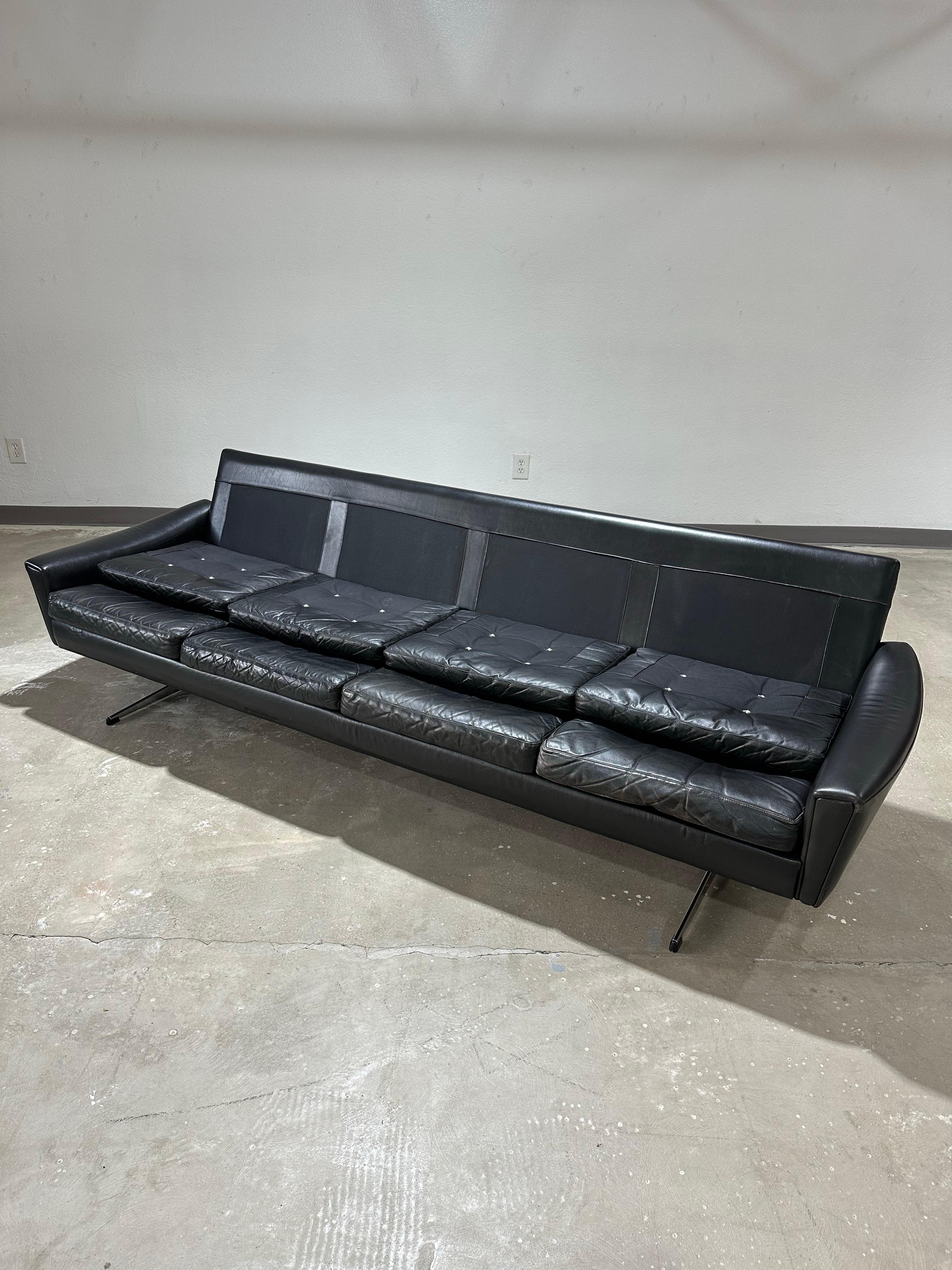 Danish Mid Century Modern Black Leather Four Seat Sofa For Sale 1
