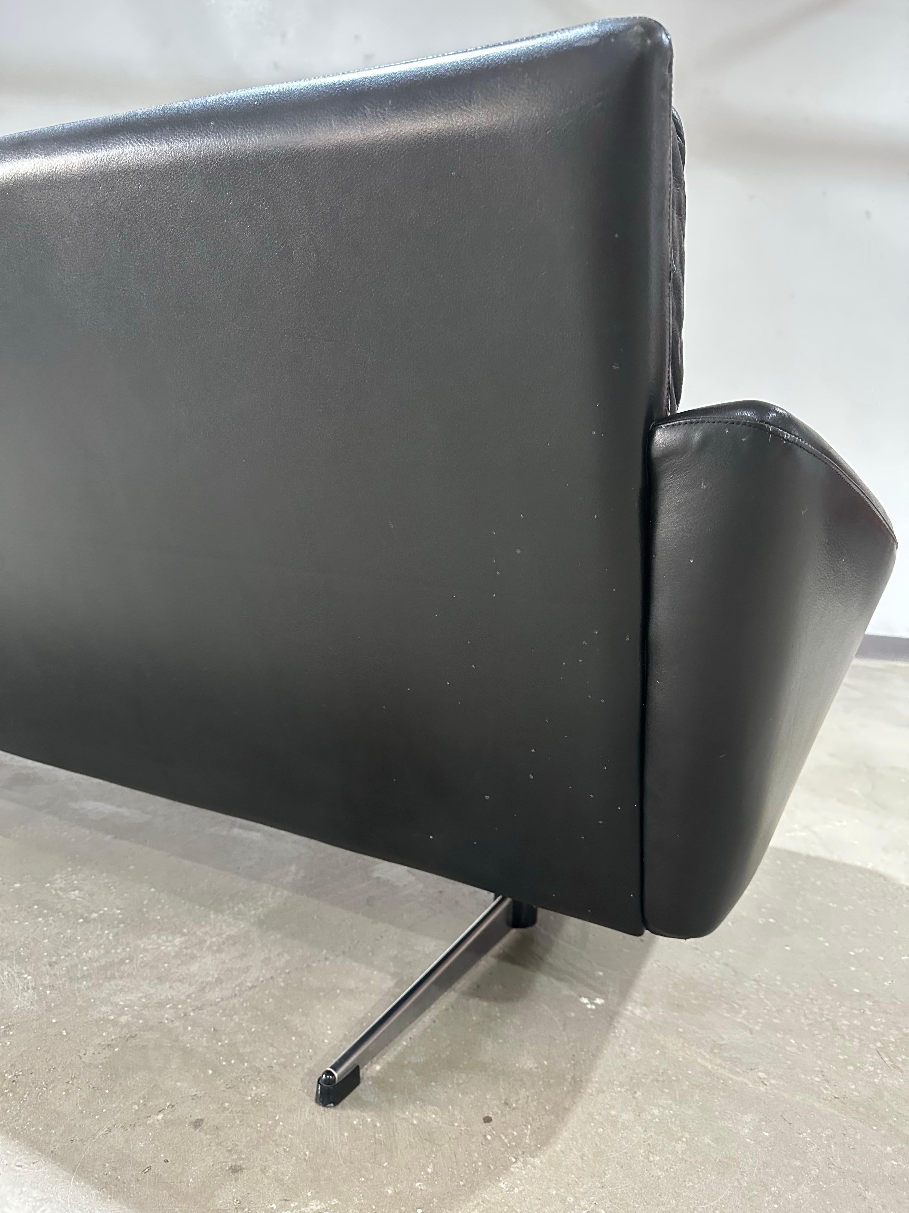 Danish Mid Century Modern Black Leather Four Seat Sofa For Sale 2