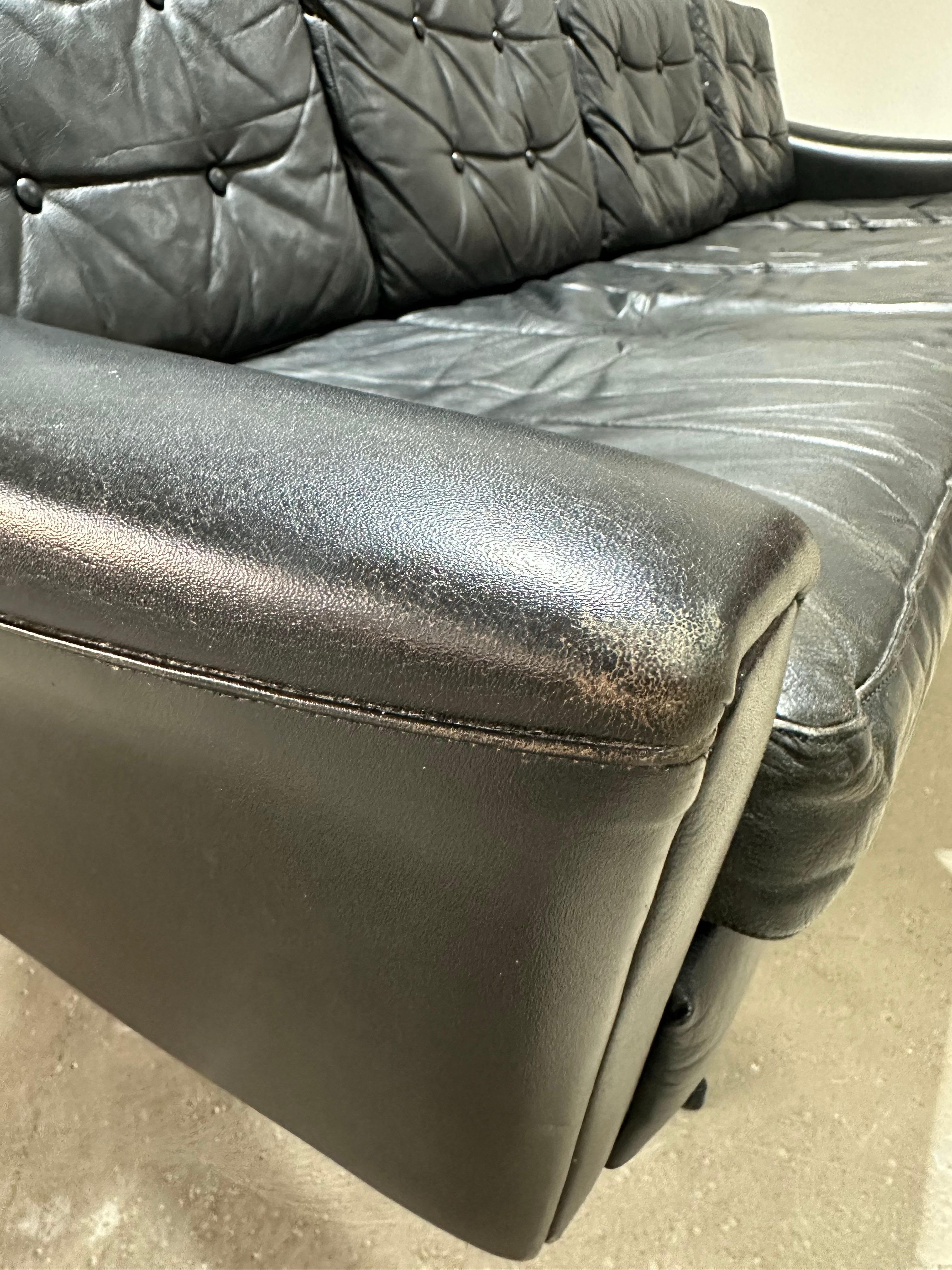 Danish Mid Century Modern Black Leather Four Seat Sofa For Sale 3