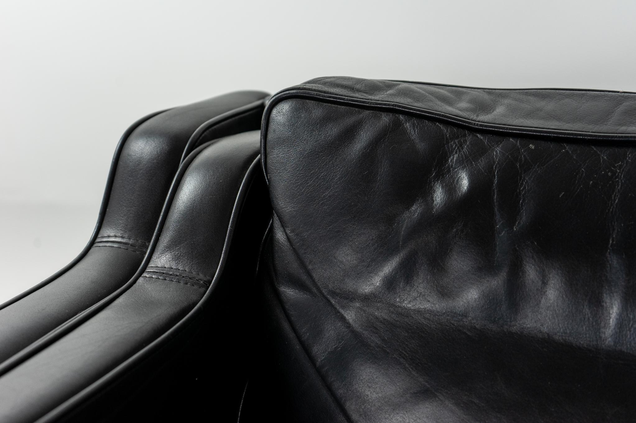 Danish Mid-Century Modern Black Leather Three Seat Sofa 1