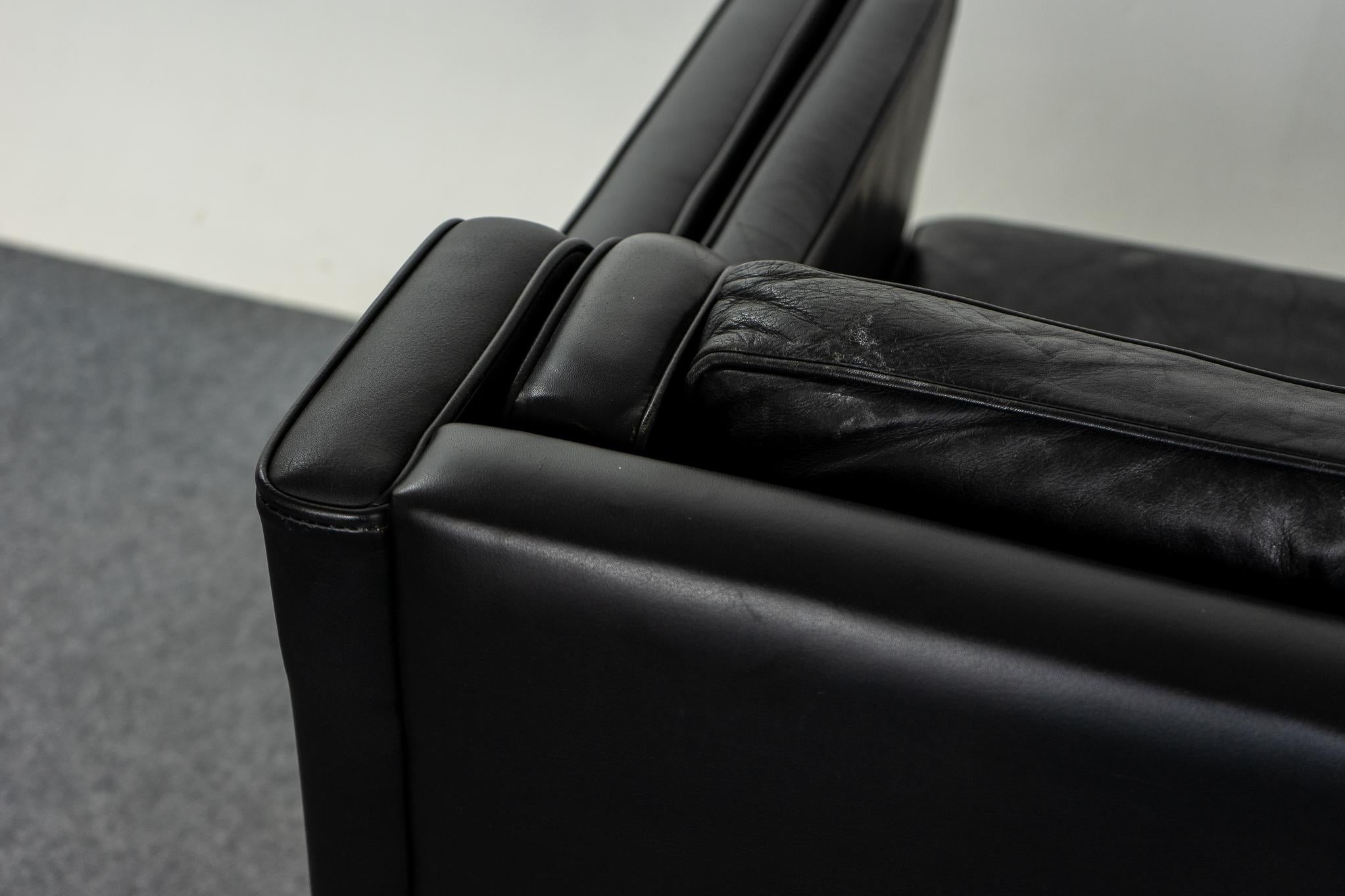 Danish Mid-Century Modern Black Leather Three Seat Sofa 4