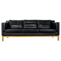 Danish Mid-Century Modern Black Leather Three Seat Sofa