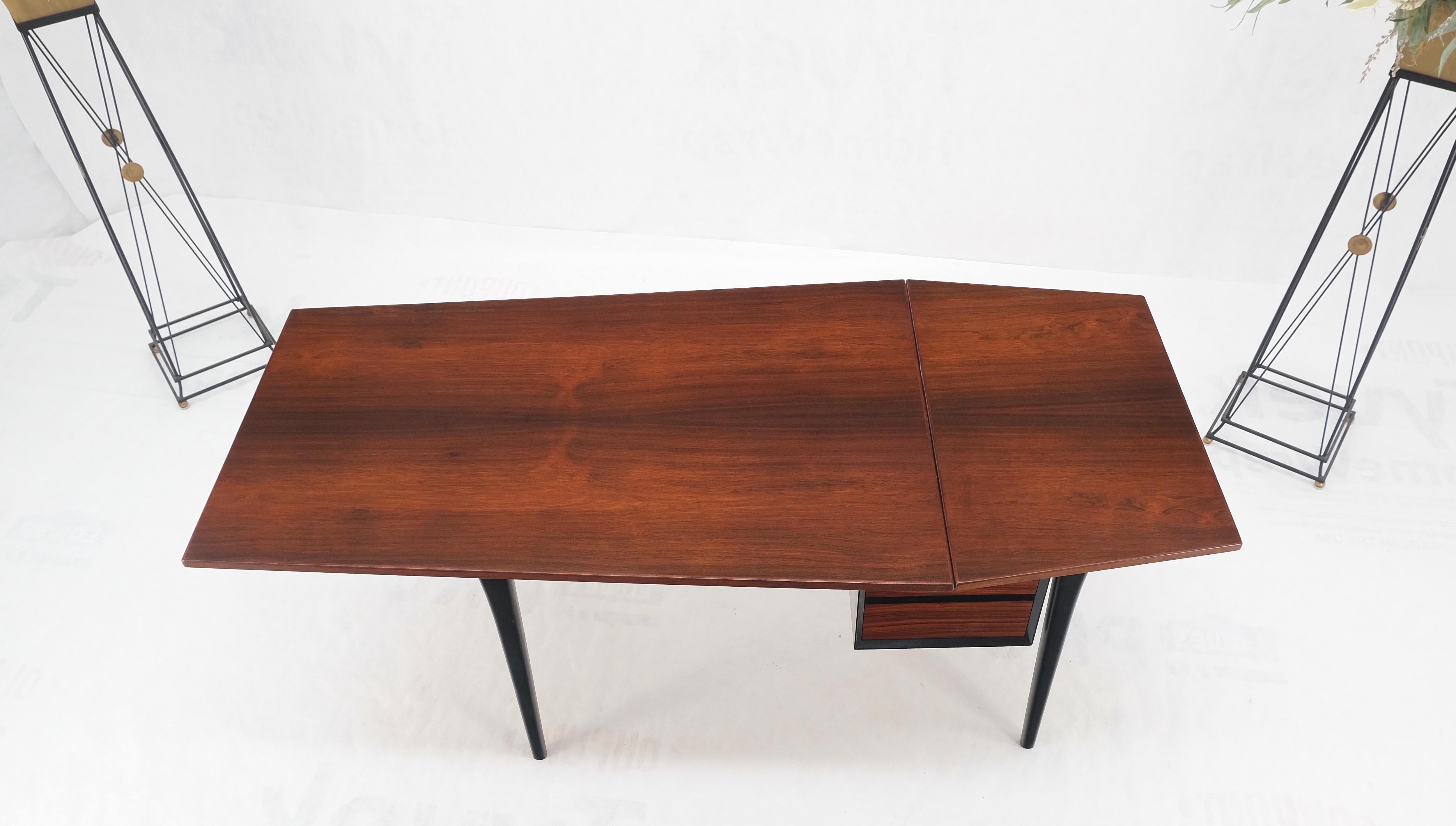 Danish Mid Century Modern Boat Shape Drop Leaf Rosewood Desk Two Drawers MINT! For Sale 3