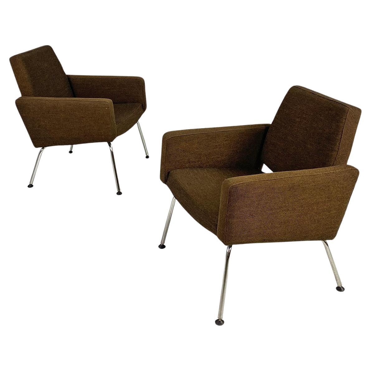 Danish mid-century modern brown fabric steel armchairs Kay Korbing Godtfred 1960 For Sale