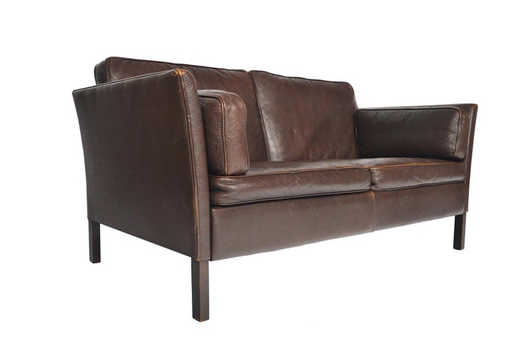 Danish MidCentury Modern Brown Leather Loveseat For Sale at 1stDibs