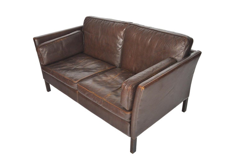 Danish MidCentury Modern Brown Leather Loveseat For Sale at 1stDibs