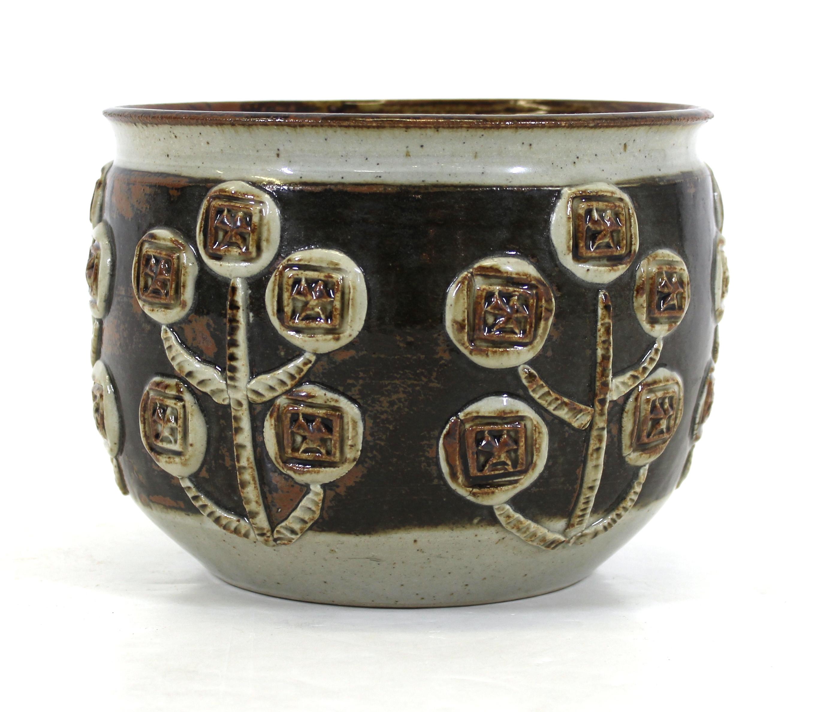 Danish Mid-Century Modern art Studio Pottery ceramic planter with floral motif, marked 'Denmark' on bottom and initialed 'BL'.