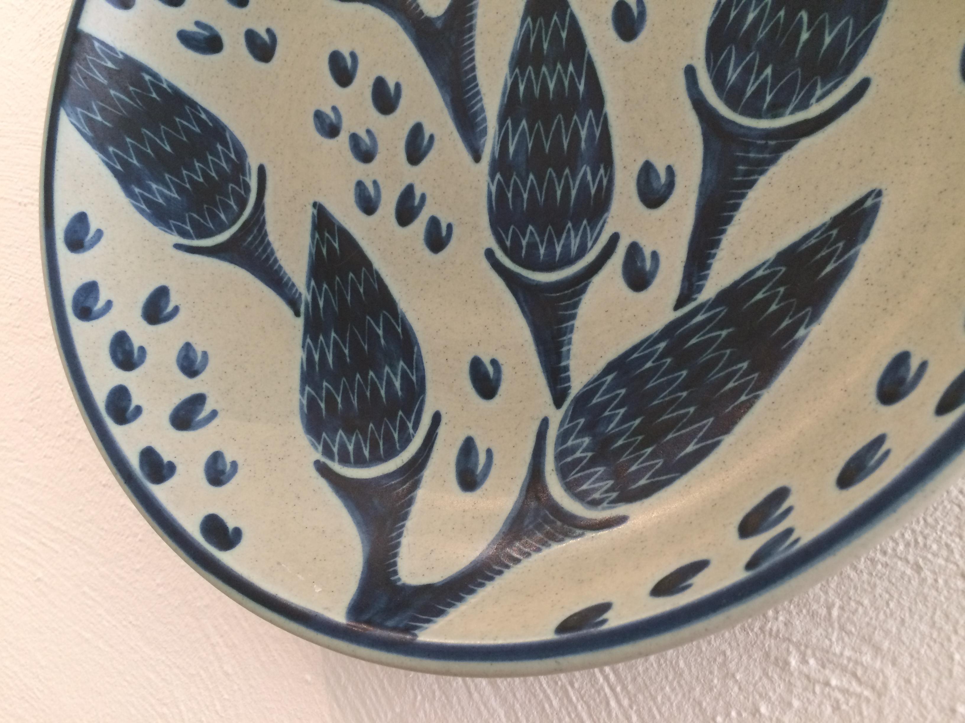 Decorative wall plate with abstract decoration by Danish pottery Soholm from the mid 1960s. Plate is very decorative in a group amongst other decorative wall hangings or solitary,
Signed to rear. Excellent condition.