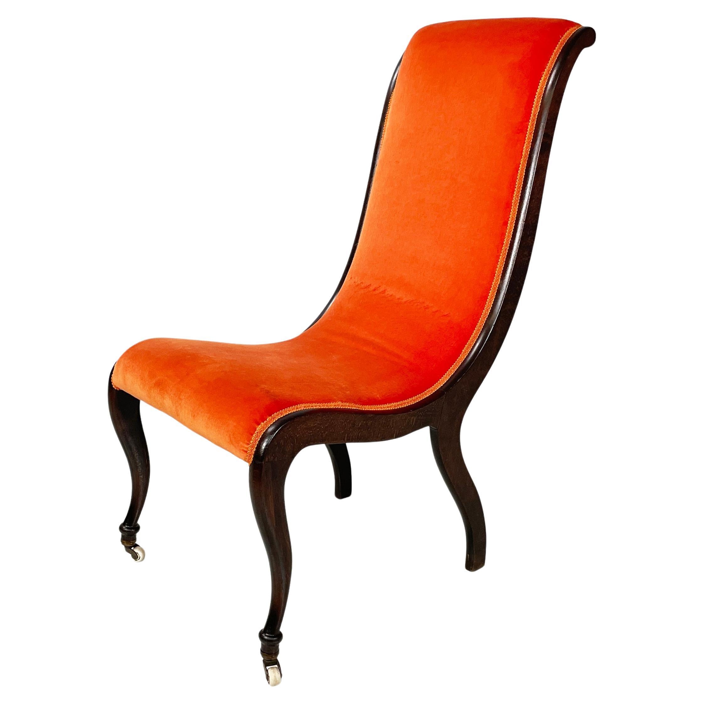 Silla danesa de mediados de siglo en terciopelo naranja y madera oscura, años 50