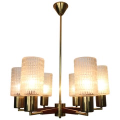 Danish Mid-Century Modern Chandelier in Teak, Brass, Cut Glass, 1960s