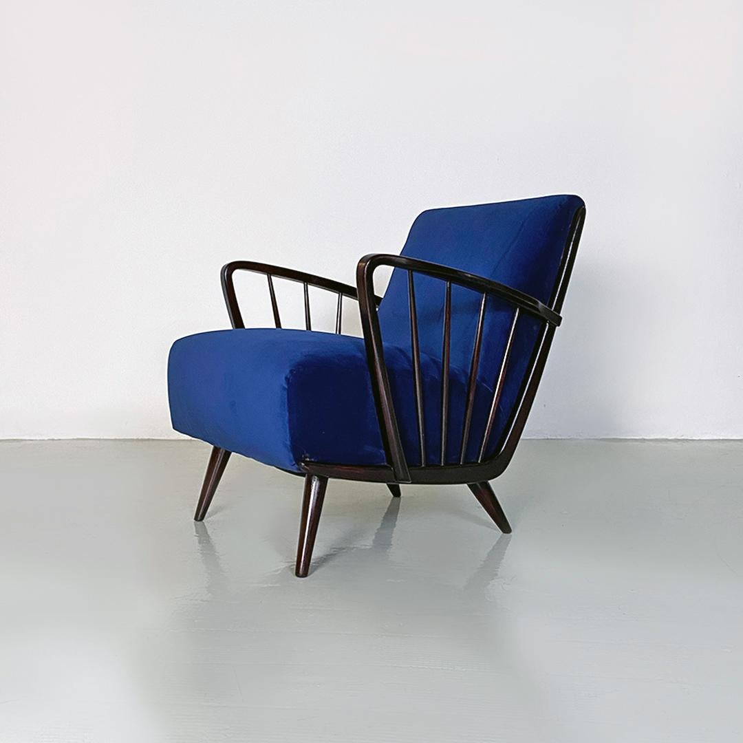 Danish Mid-Century Modern Dark Blue Velvet and Wood Pair of Armchairs, 1960s For Sale 6