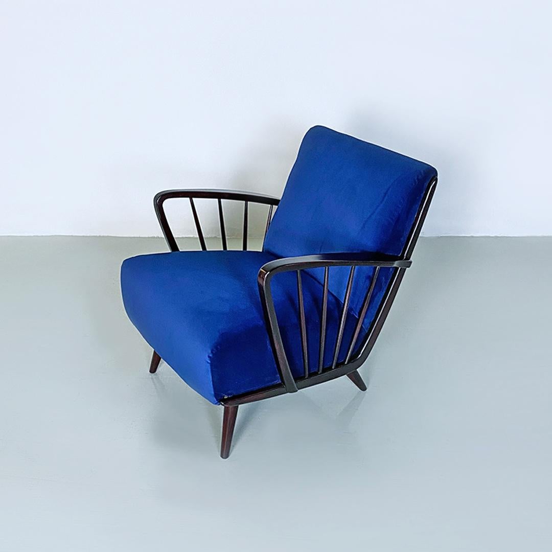 Danish Mid-Century Modern Dark Blue Velvet and Wood Pair of Armchairs, 1960s For Sale 7