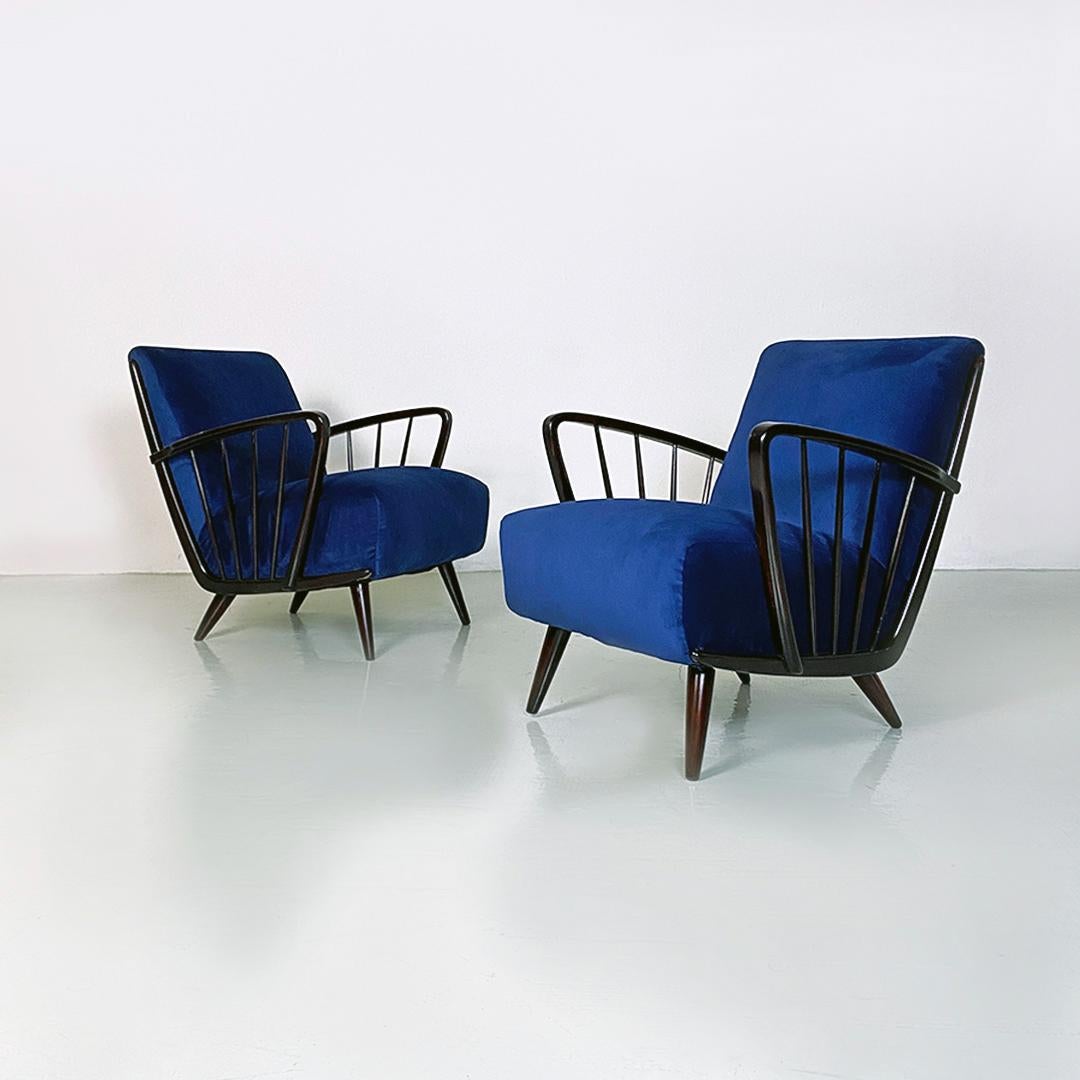 Danish Mid-Century Modern Dark Blue Velvet and Wood Pair of Armchairs, 1960s For Sale 8