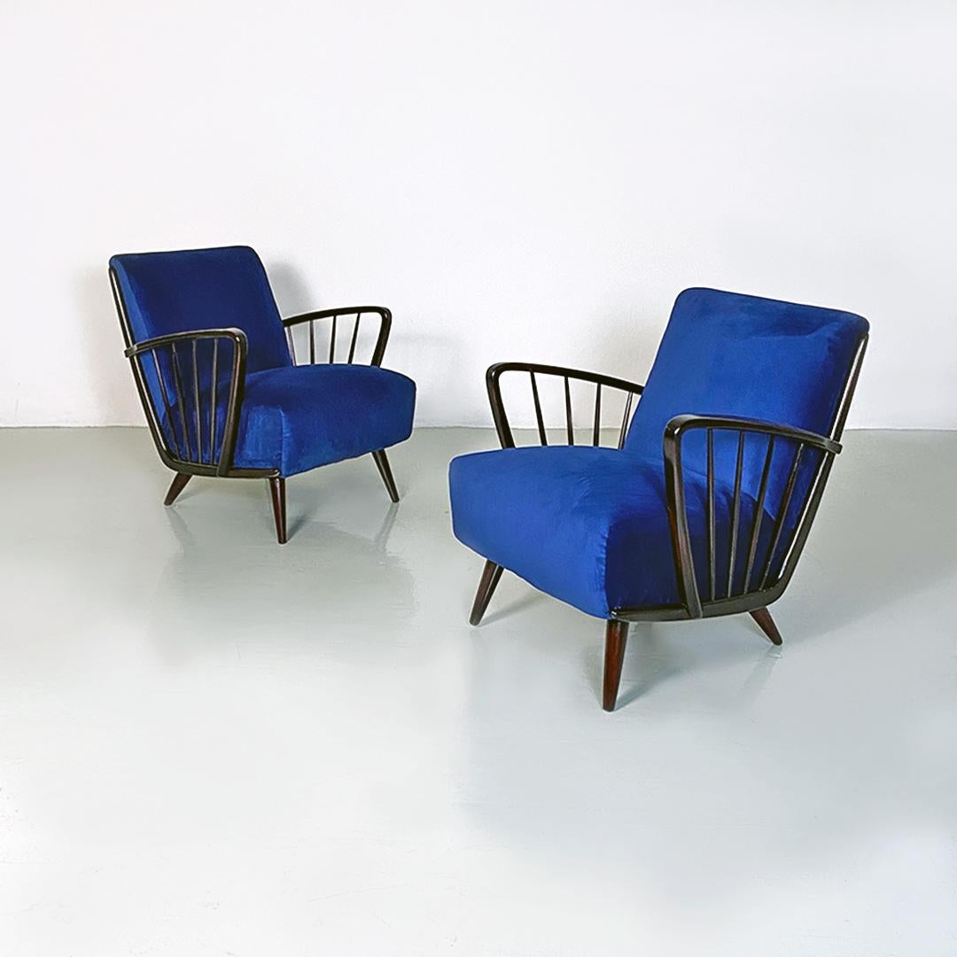 Danish Mid-Century Modern Dark Blue Velvet and Wood Pair of Armchairs, 1960s For Sale 9