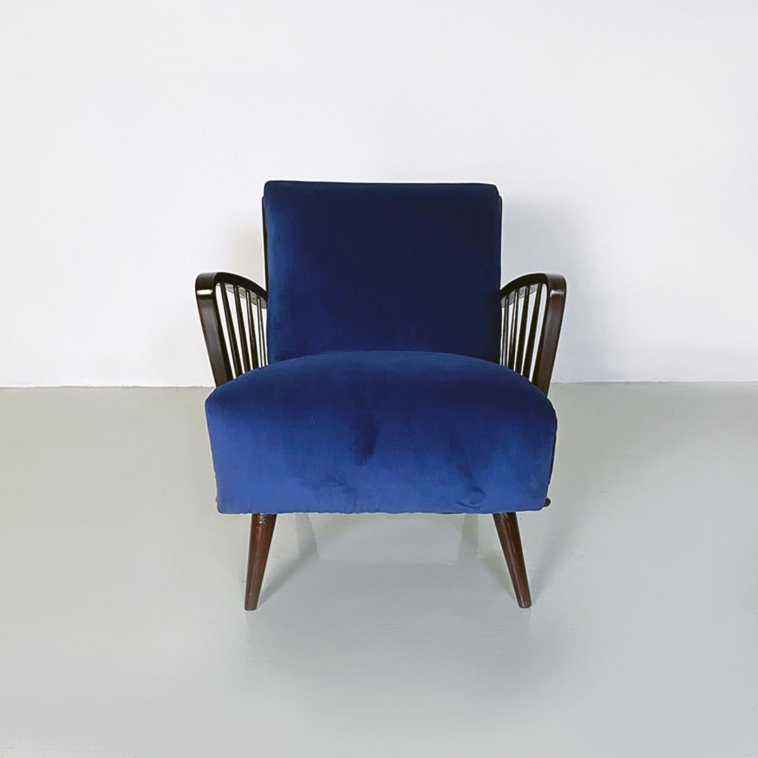 Danish Mid-Century Modern Dark Blue Velvet and Wood Pair of Armchairs, 1960s For Sale 2