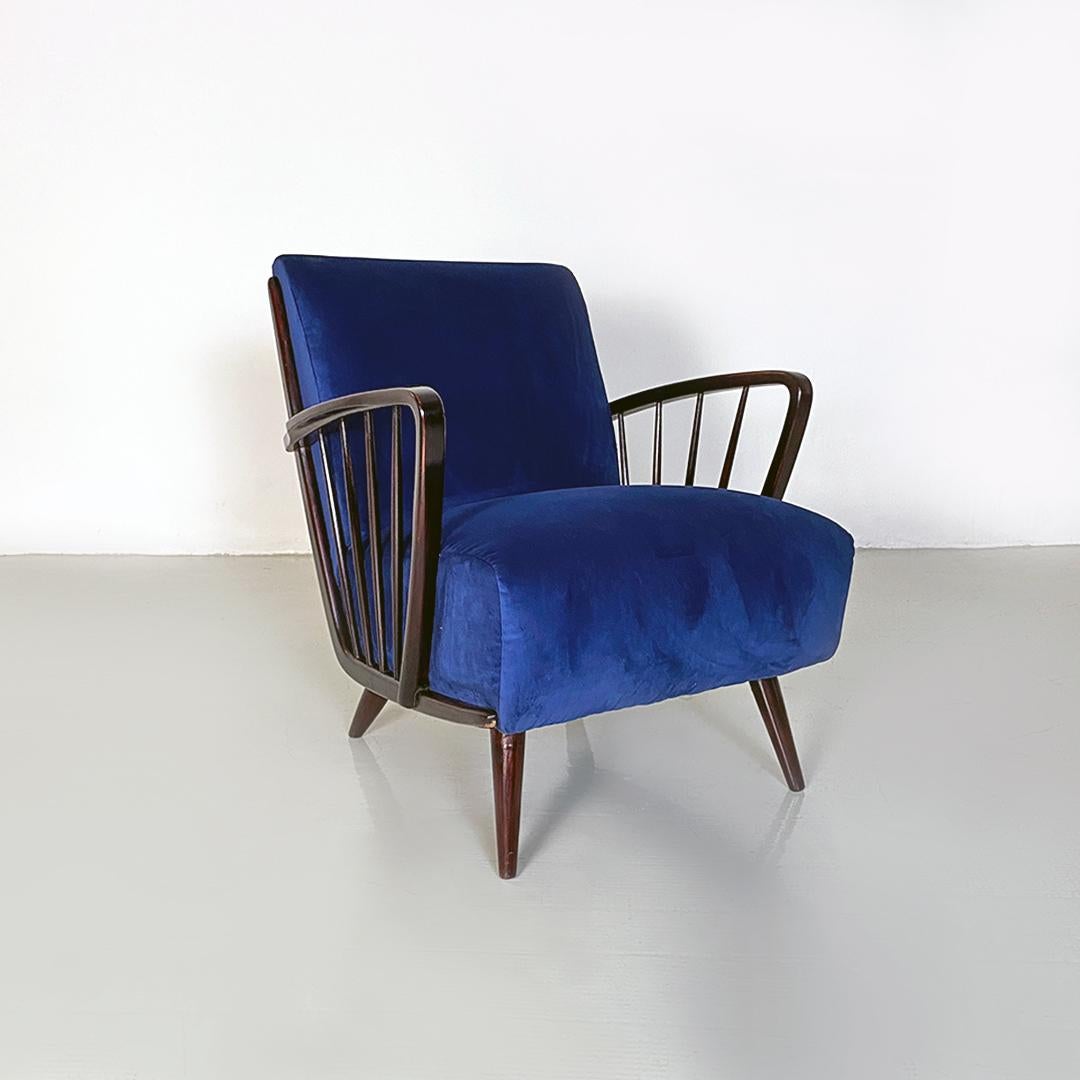 Danish Mid-Century Modern Dark Blue Velvet and Wood Pair of Armchairs, 1960s For Sale 3