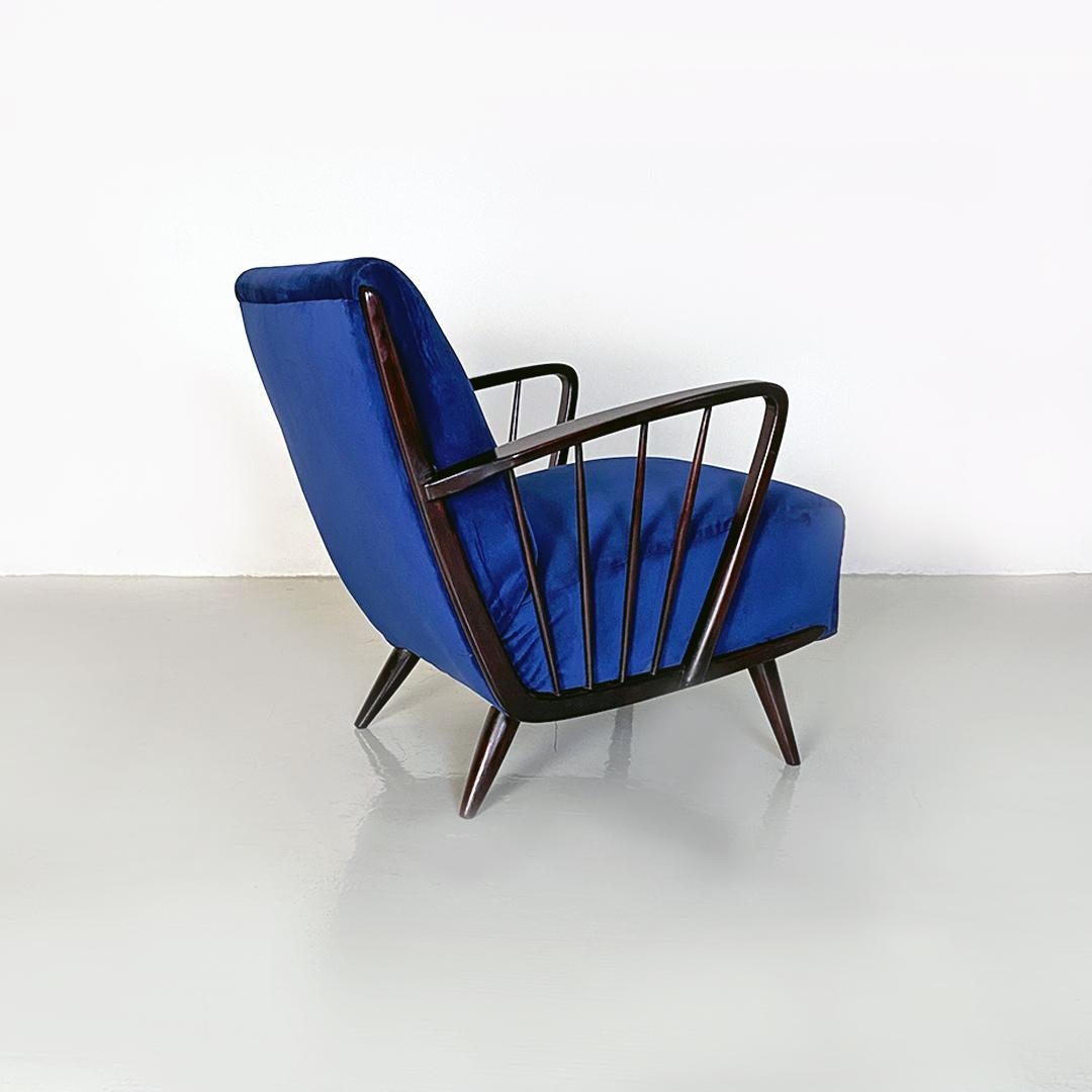 Danish Mid-Century Modern Dark Blue Velvet and Wood Pair of Armchairs, 1960s For Sale 4