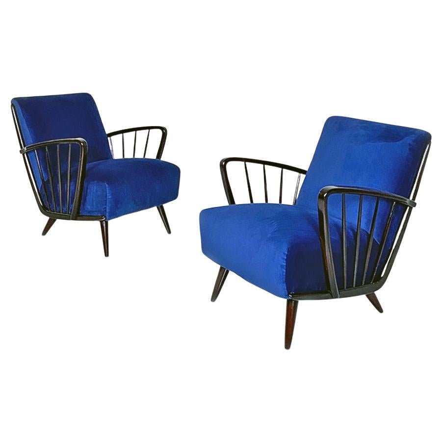 Danish Mid-Century Modern Dark Blue Velvet and Wood Pair of Armchairs, 1960s