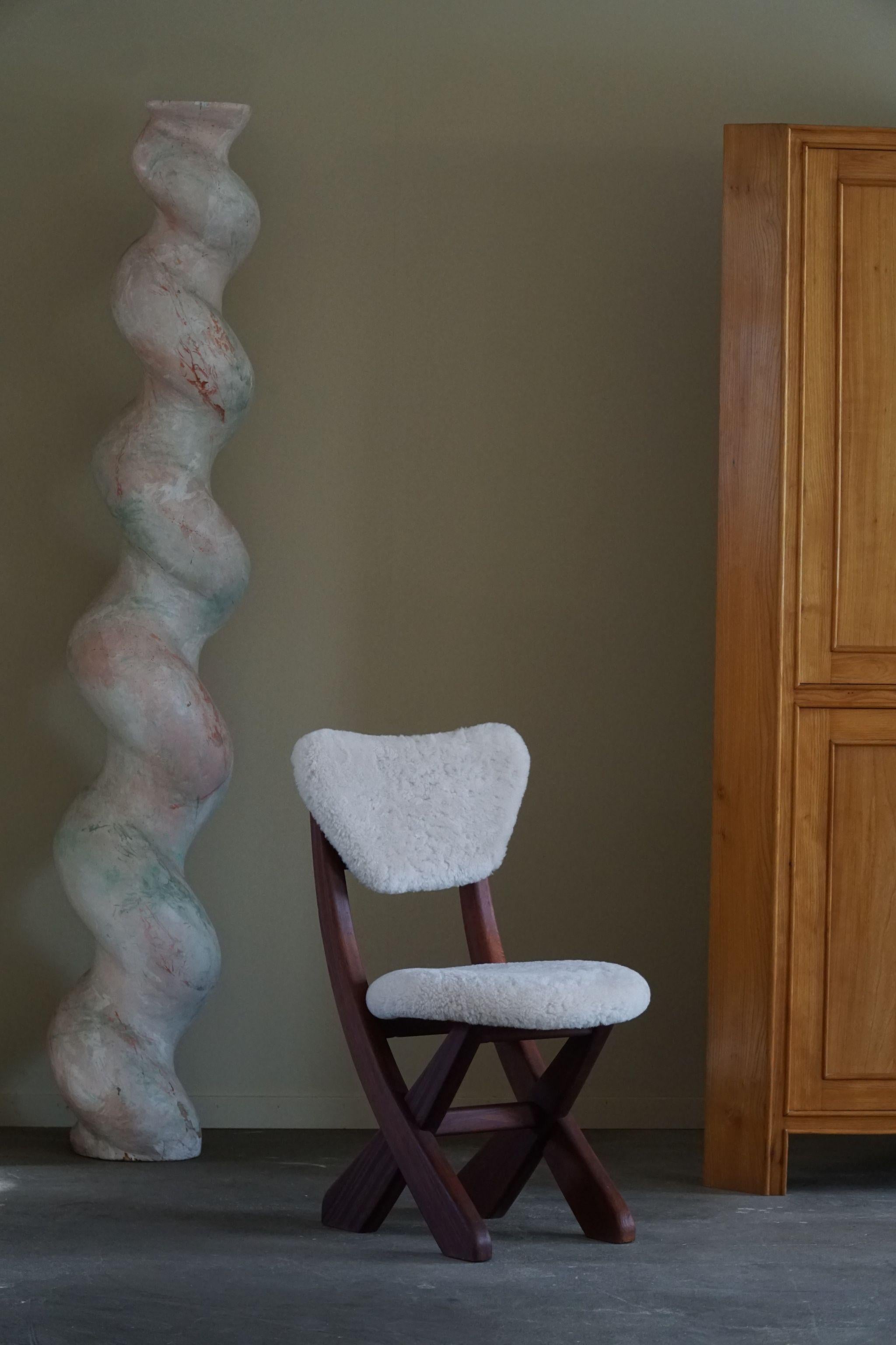 Brutalist Danish Mid Century Modern, Dining Chair in Pine & Lambswool, 1970s For Sale