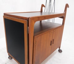 Danish Mid-Century Modern Drop Leaf Teak Serving Liquor Cabinet Cart on Wheels