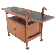 Danish Mid-Century Modern Drop Leaf Teak Serving Liquor Cabinet Cart on Wheels