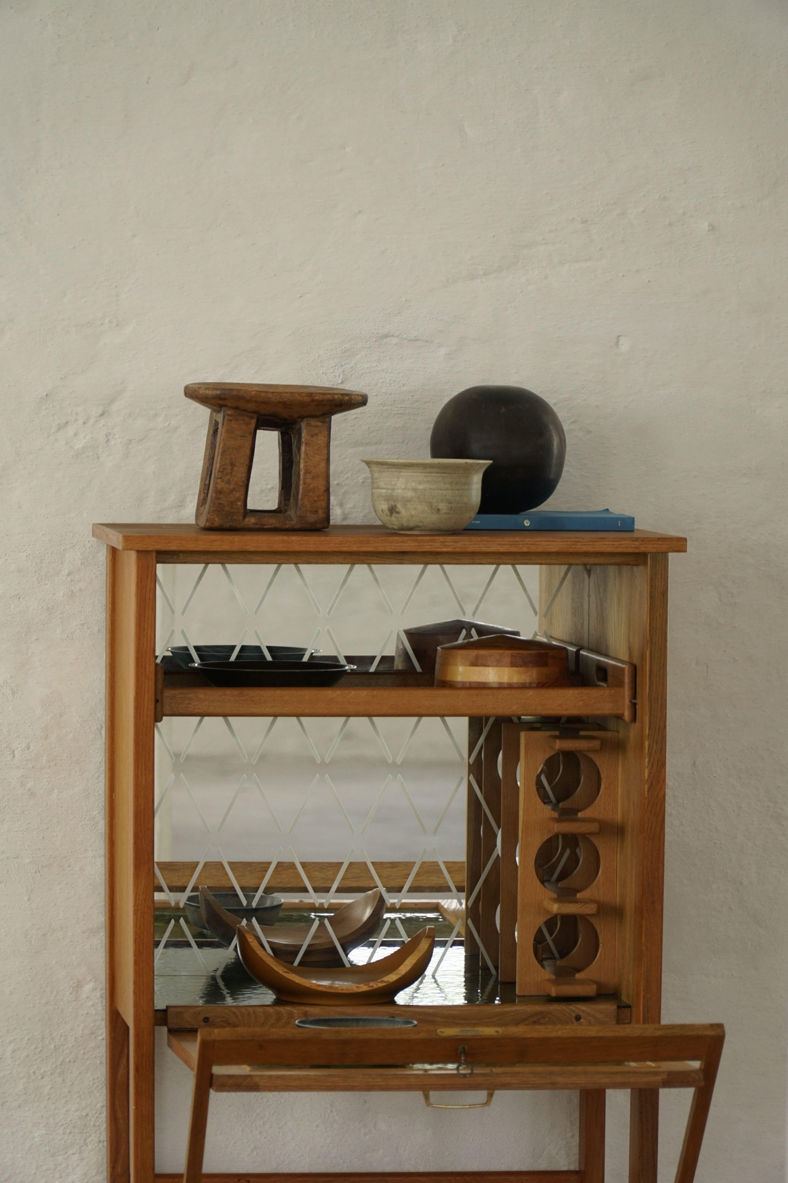 20th Century Danish Mid Century Modern, Elegant Bar Cabinet in Oak with Green Glass, 1960s For Sale