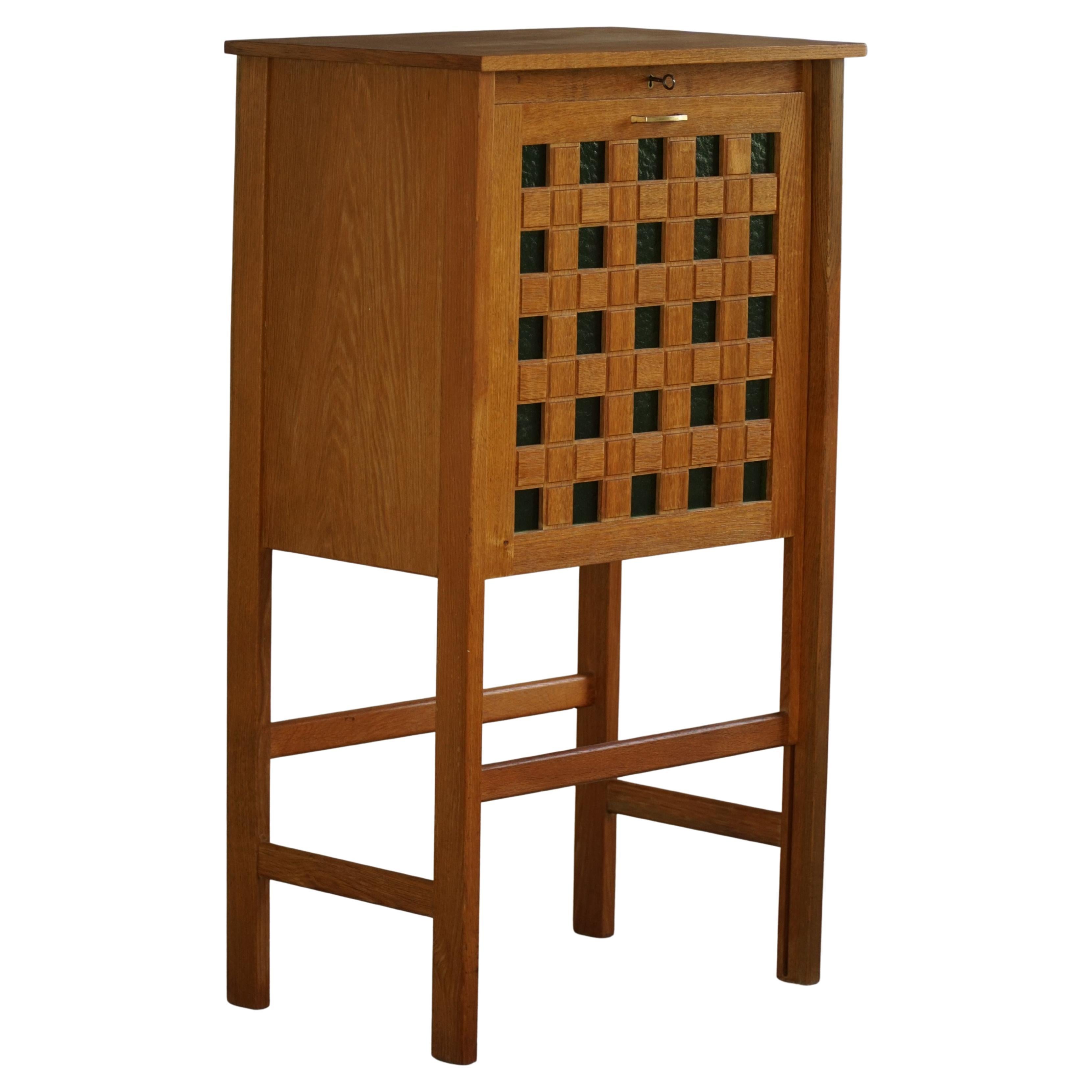 Danish Mid Century Modern, Elegant Bar Cabinet in Oak with Green Glass, 1960s For Sale