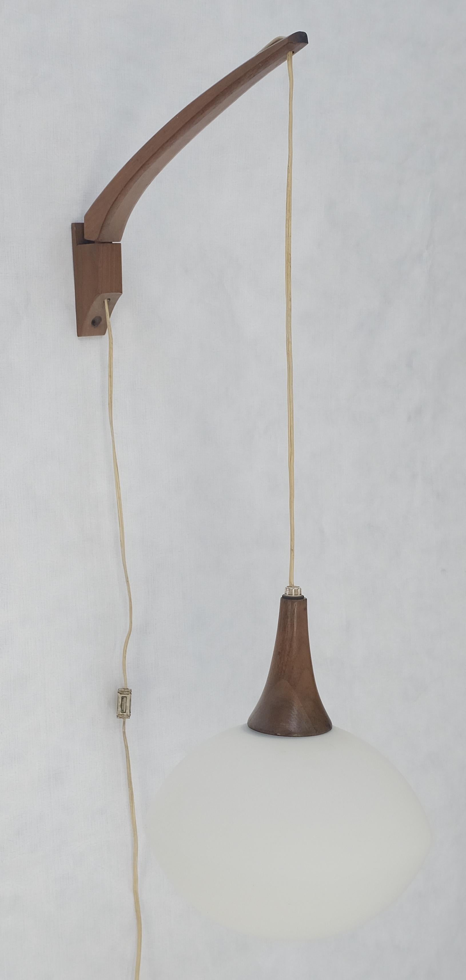 Danish Mid Century Modern Fully Adjustable Teak Swing Scones Frost Glass Shade For Sale 1