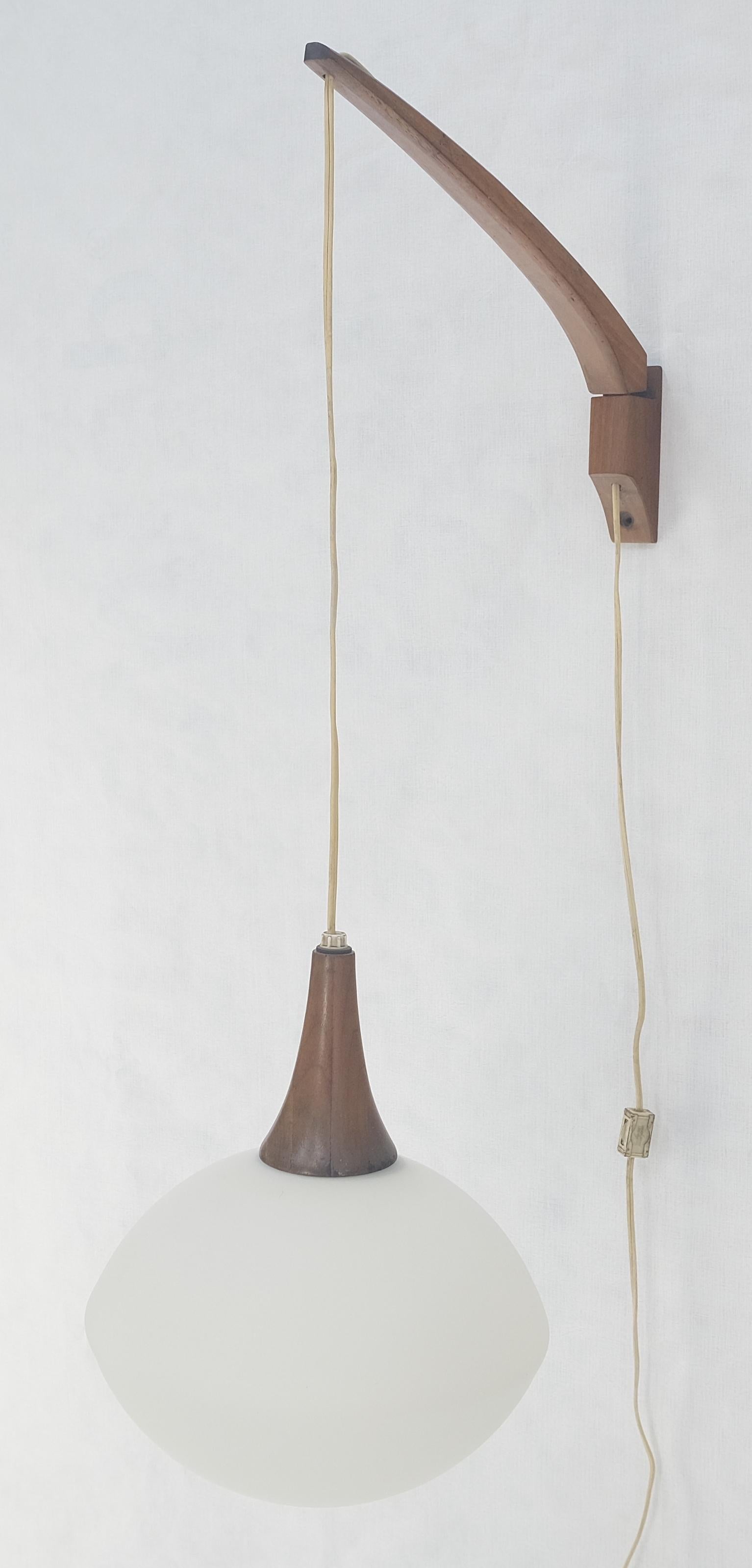 Danish Mid Century Modern Fully Adjustable Teak Swing Scones Frost Glass Shade For Sale 4