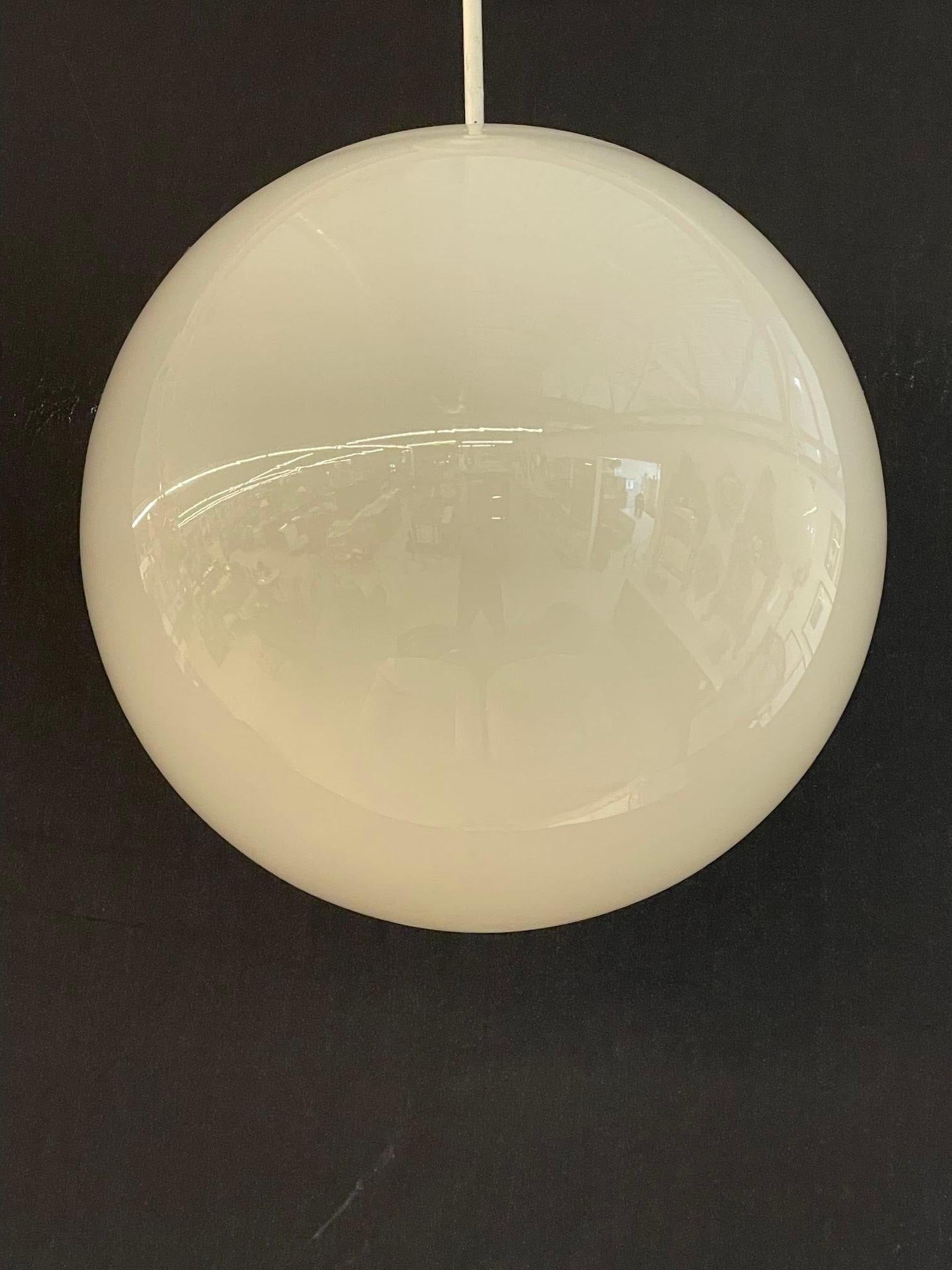 Danish Mid Century Modern, Globe Pendants, Opal White Glass, Metal, 1960s In Fair Condition In Stamford, CT