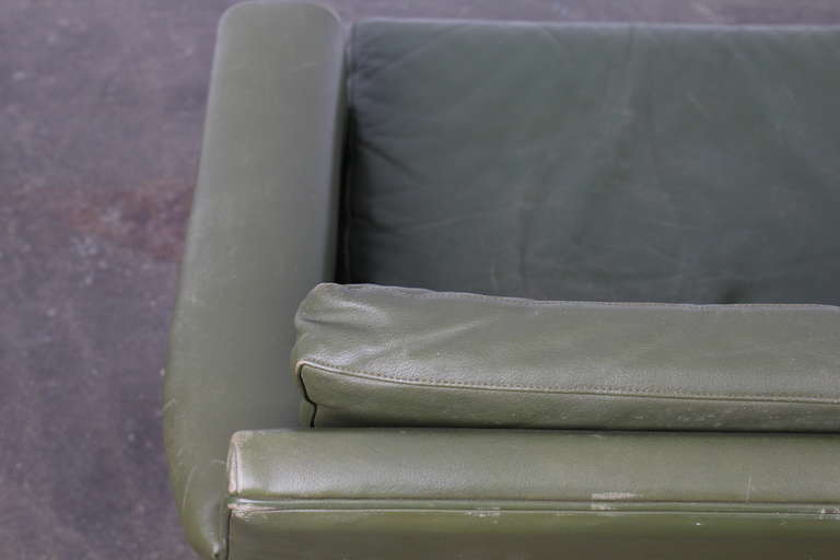 Danish Mid-Century Modern Green Leather Sofa with Metal Legs 3
