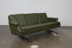Danish Mid-Century Modern Green Leather Sofa with Metal Legs