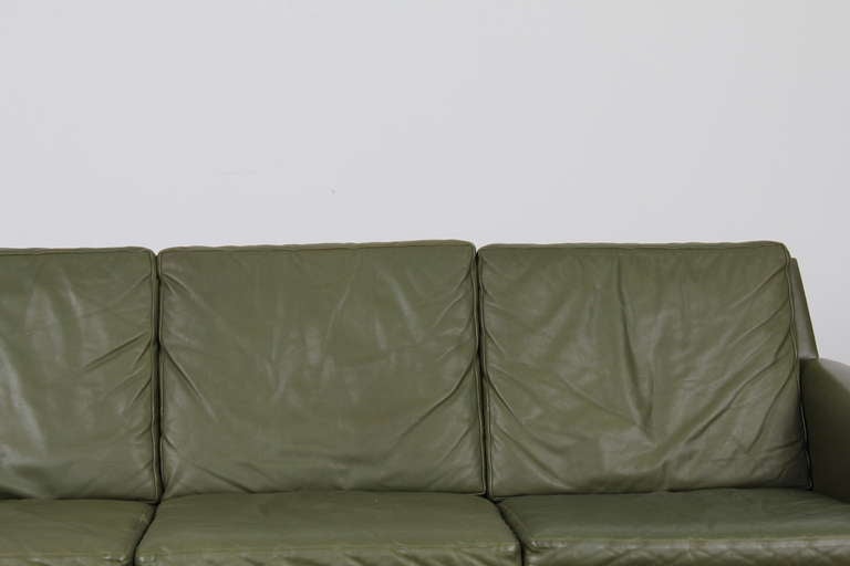 Danish Mid-Century Modern Green Leather Sofa with Metal Legs In Good Condition In North Hollywood, CA