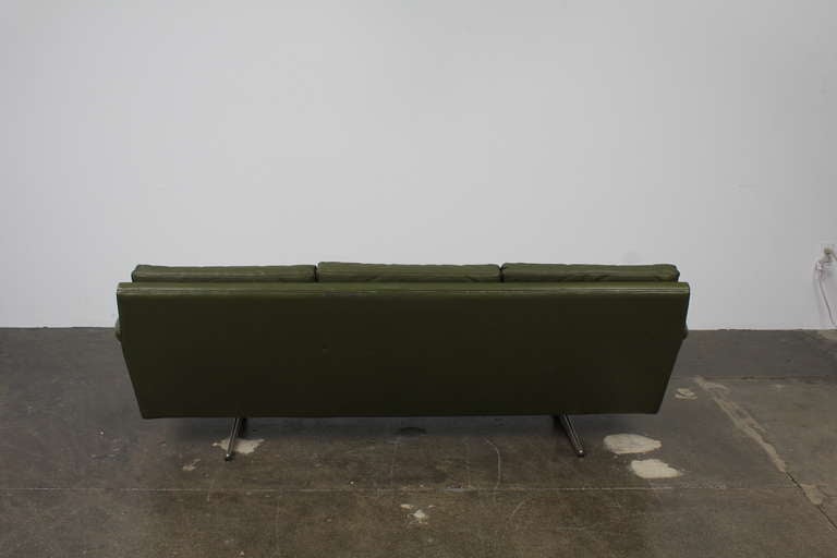 Danish Mid-Century Modern Green Leather Sofa with Metal Legs 2
