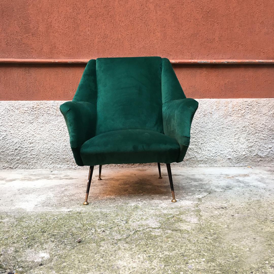 Mid-20th Century Italian Mid-Century Green Velvet Armchair Whit Armrests, 1950s