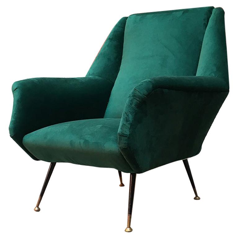 Italian Mid-Century Green Velvet Armchair Whit Armrests, 1950s