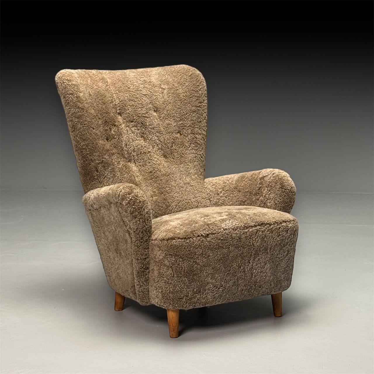 Danish Mid-Century Modern, High-back Lounge Chair, Sahara Shearling, Beech

This high-back lounge chair, a quintessential example of Danish Mid-Century Modern design, was produced in Denmark in the mid-20th century. It has been meticulously