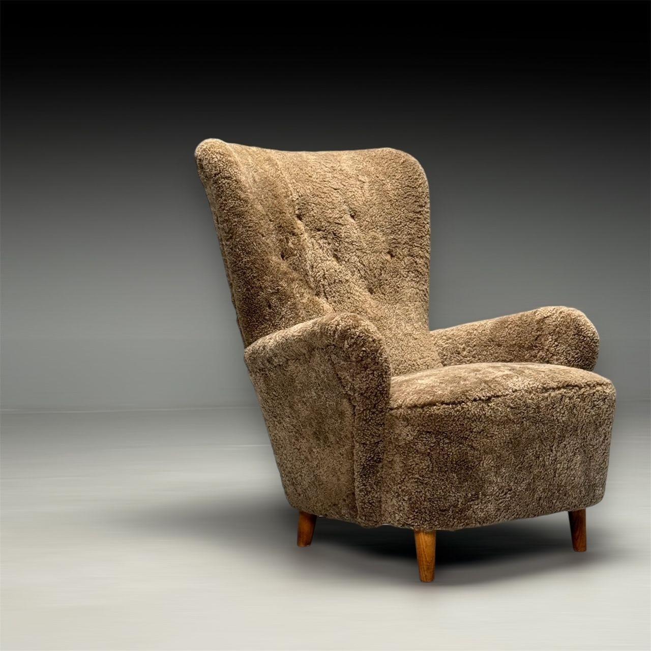 Danish Mid-Century Modern, Highback Lounge Chair, Sahara Shearling, Beech In Good Condition In Manhasset, NY