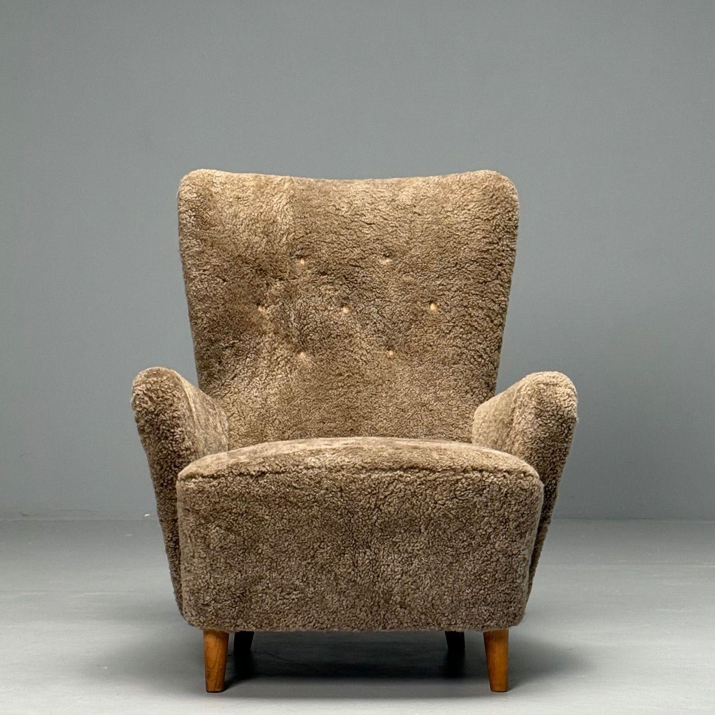 Mid-20th Century Danish Mid-Century Modern, Highback Lounge Chair, Sahara Shearling, Beech