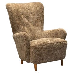 Danish Mid-Century Modern, Highback Lounge Chair, Sahara Shearling, Beech