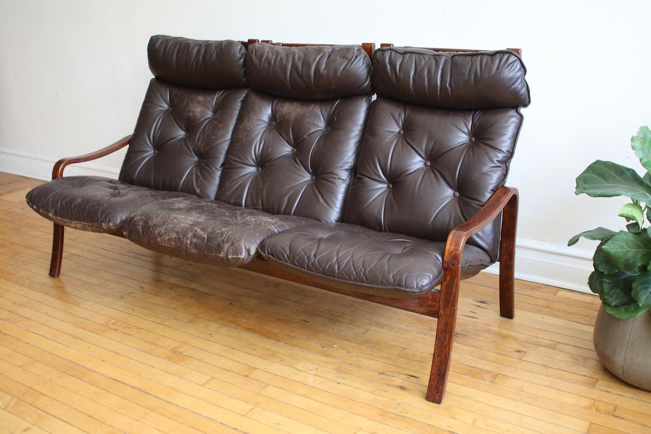 Scandinavian Modern Danish Mid-Century Modern Leather and Wood Sofa