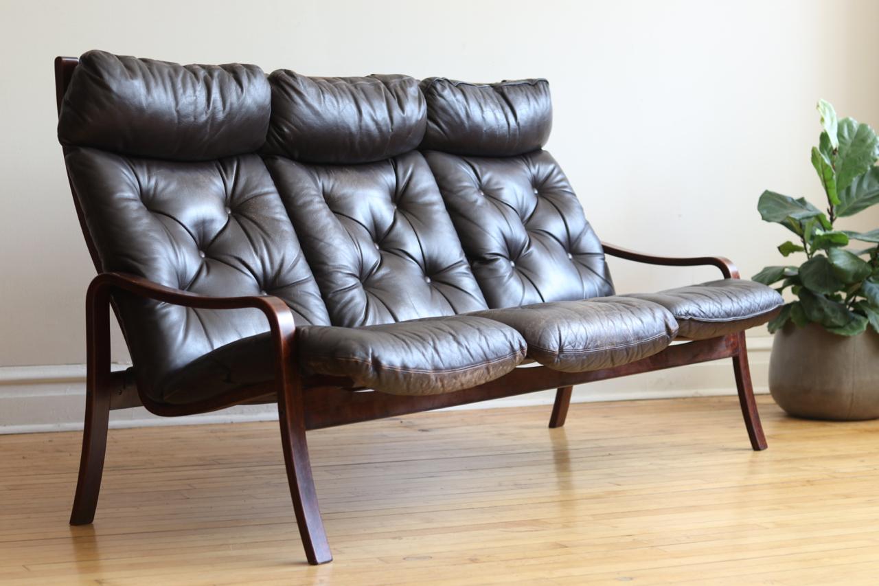 Danish Mid-Century Modern Leather and Wood Sofa 1