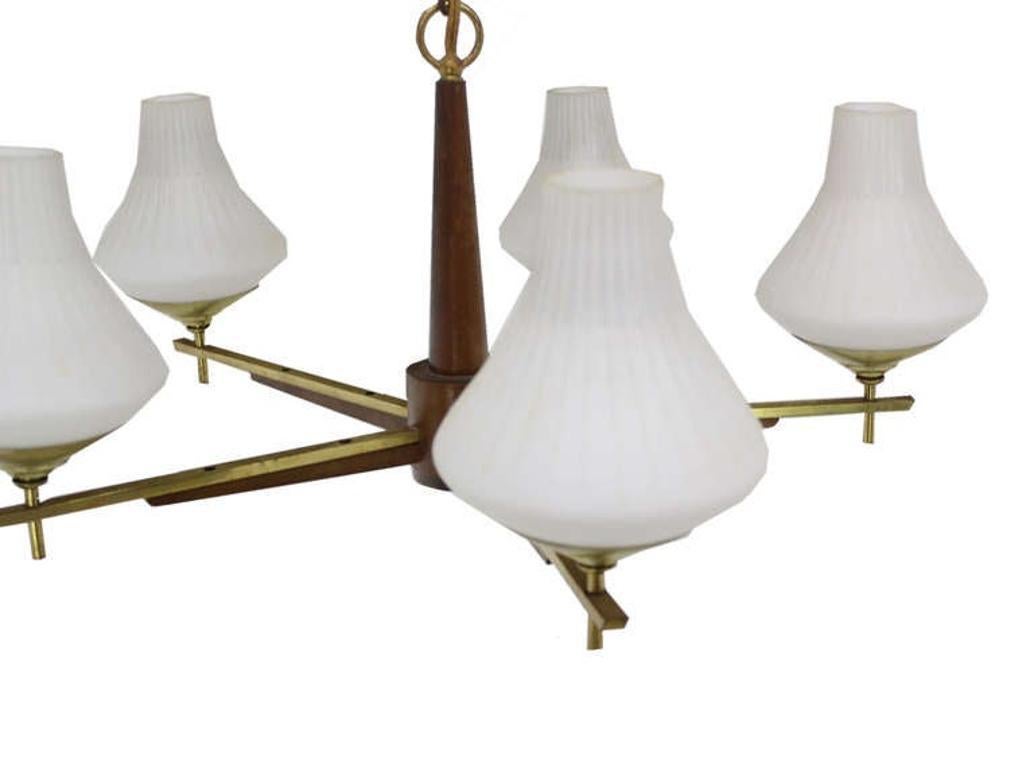 Brass Danish Mid Century Modern Light Fixture Chandelier 5 Frosted Glass Shades MINT! For Sale
